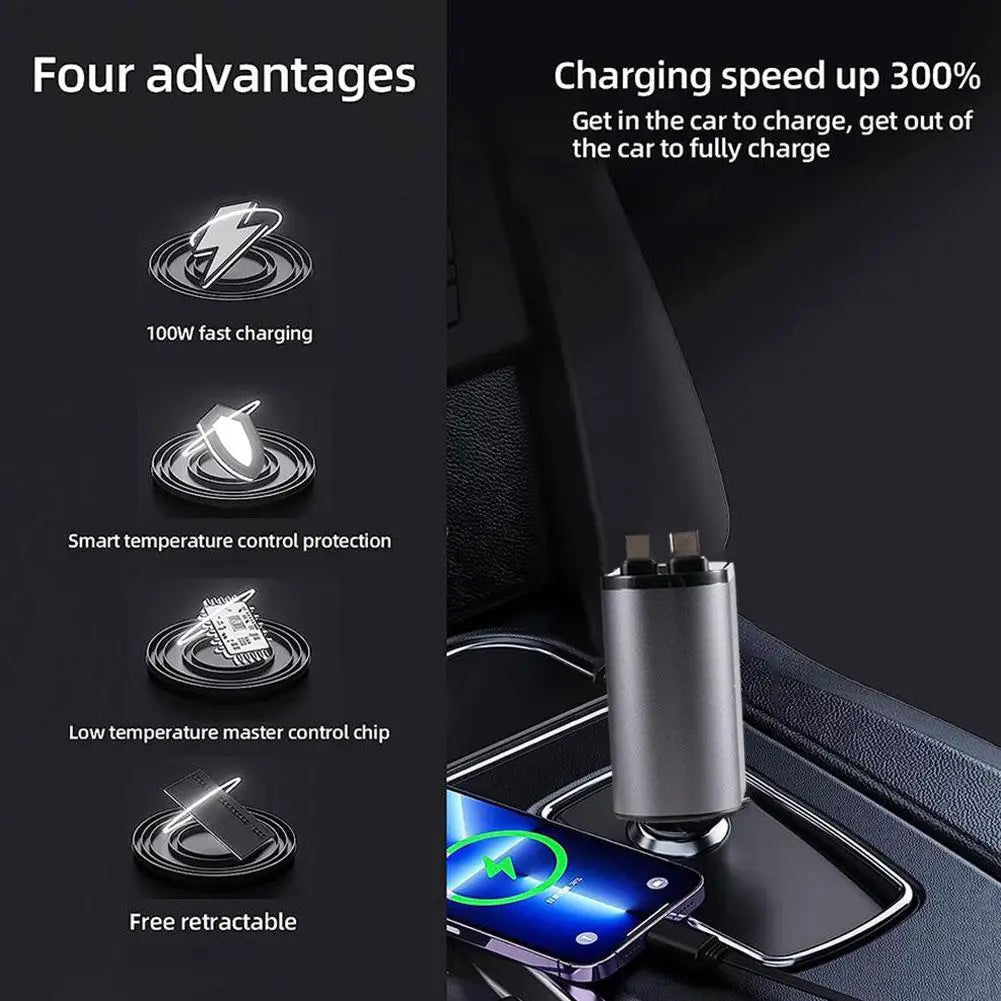 Power Up On the Go: 4-in-1 Retractable Car Charger for Apple & USB Type-C