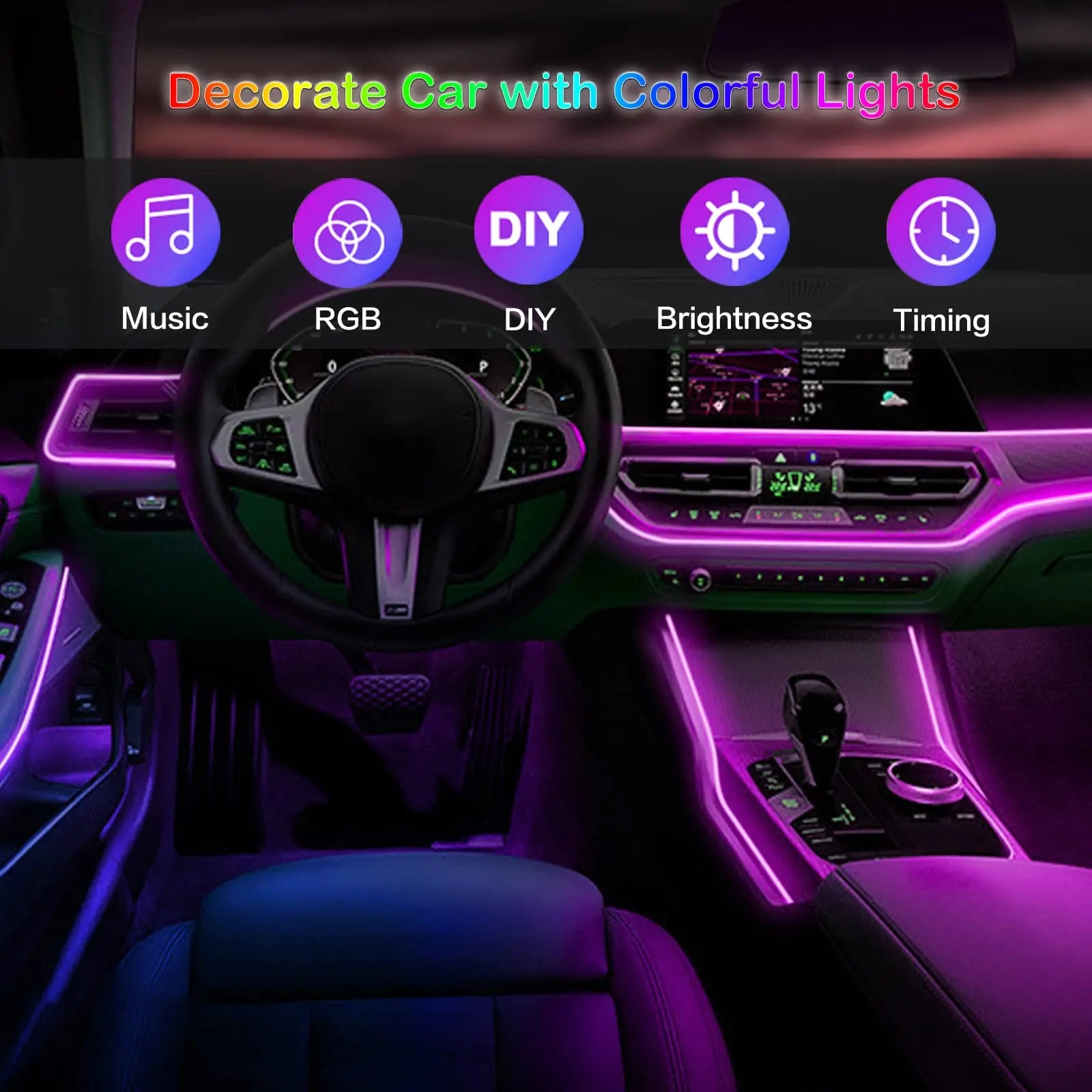 Illuminate Your Ride: LED Car Ambient Strip Light Fiber Kit with App Remote Control